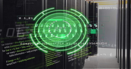 Image of green circle with data over servers. Computers, data processing and technology concept...