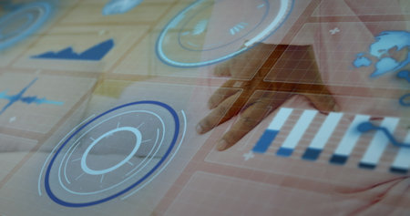 Image of digital screen with data over hands of african american senior woman with back pain....