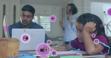 Image of network of connections with icons over diverse business people using computers. Back to...