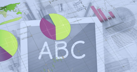 Image of infographic interface over digital tablet screen with abc text and stationery on table. Digital composite, multiple exposure, report, finance, investment, education and technology.の写真素材