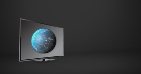 Image of tv with globe on screen over grey background. Media, television, communication and information concept digitally generated image.の写真素材