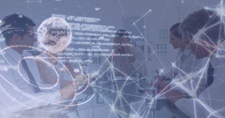 Image of globe, circle, lines, coding over caucasian frustrated ceo shouting on coworkers. Digital...