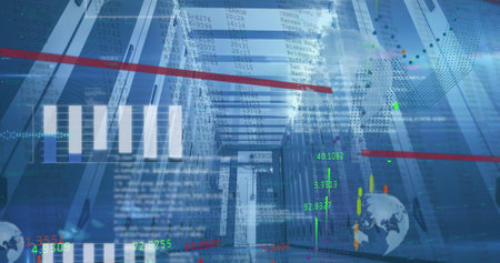 Image of statistics and data processing over computer server background. Global data processing,...