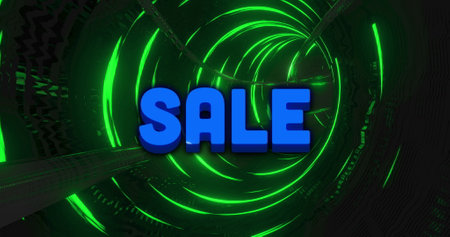 Image of multicolored abstract pattern and blue sale text moving in green illuminated tunnel. Digitally generated, multiple exposure, advertisement, shopping, retail, banner, business, commerce.の写真素材