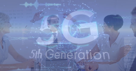 Image of 5g, 5th generation text, globe over multiracial coworkers discussing in meeting. Digital composite, multiple exposure, teamwork, business, globalization, telecommunications, technology.の写真素材