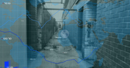 Image of financial graphs and globe over building. Global finance, economy and real estate concept...