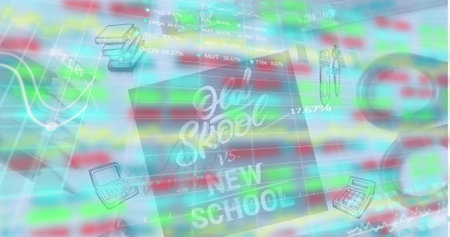 Image of infographic interface over old skool vs new school text with stationery drawing. Digital...