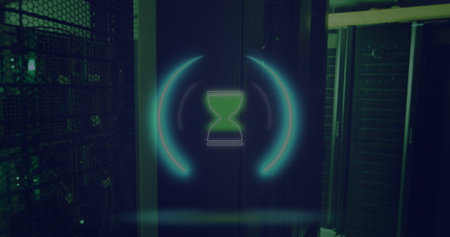 Image of neon circle with hourglass over servers. Global computers, network, data and technology...