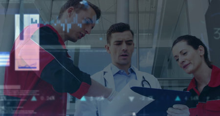 Image of statistics and data processing over diverse doctors. Global medicine, digital interface and...