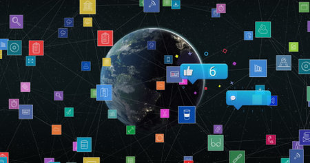 Image of social media notifications processing data and icons over globe in night sky. Global communication network, digital interface and social media concept digitally generated image.の写真素材