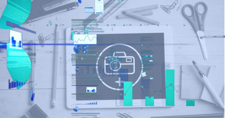 Image of infographic interface over camera drawing on tablet screen with stationery on table. Digital composite, multiple exposure, report, database, investment, education, art and technology.の写真素材