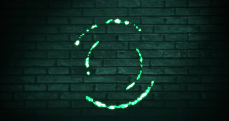 Image of neon circle over digital screen with green bricks. Digital screen, interface and technology concept digitally generated image.の写真素材