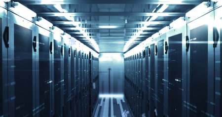 Image of numbers and data processing over computer servers. Global computing and data processing concept digitally generated image.の写真素材