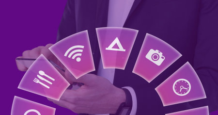 Image of travel icons and caucasian woman using tablet. Global travel, technology, digital interface and data processing concept digitally generated image.の写真素材
