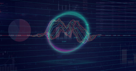 Image of neon circle over graphs and data on navy background. Global network, finance, economy and technology concept digitally generated image.の写真素材