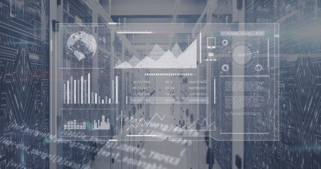 Image of digital screen with and data processing over servers. Network, computers, data processing...