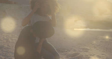 Image of network of connections over woman and man exercising outdoors. Retirement sports and active senior lifestyle concept.の写真素材