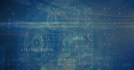 Image of digital padlock with integrated circuit over data processing on navy screen. Data safety, digital security, global network and technology concept digitally generated image.の写真素材