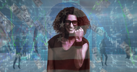 Image of financial data processing and american dollar bills over caucasian super hero woman. Business, finance and data processing concept digitally generated image.の写真素材