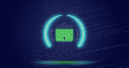 Image of neon circle with digital padlock over data on navy digital screen. Data safety, digital...