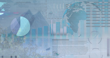 Image of statistical data processing over spinning globe against tall buildings. Global networking and business technology conceptの写真素材