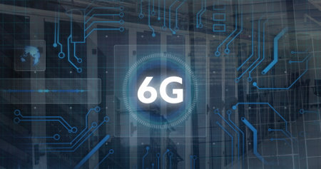 Image of 6g text and data processing over circuit board and computer servers. Global computing, data...