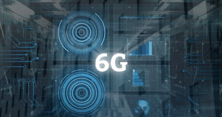 Image of 6g text, data processing over computer servers. Global computing, connections, data...