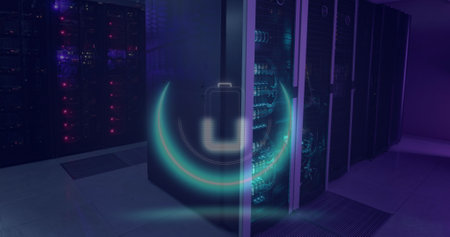 Image of neon circle with battery over servers. Digital screen, interface and technology concept...