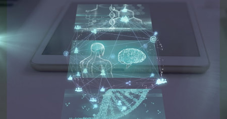 Image of media icons over office and digital screens. Global business and digital interface concept...