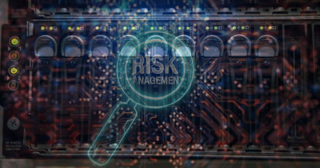 Image of risk management text over reading glass and server room. Global business and digital...