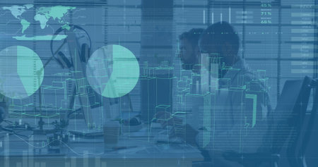 Image of financial data processing over business people walking in office. Global business digital...