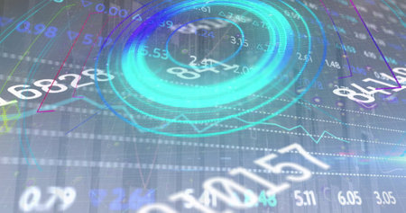 Image of scope scanning with financial data processing. Global finance and business concept.