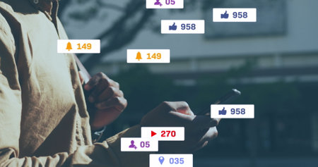 Image of social media icons and numbers over speech sick emojis with sick emojis and social media. Global data processing technology and digital interface concept digitally generated image.の写真素材