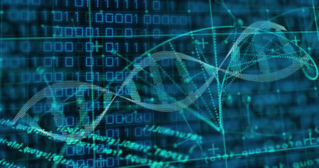 Image of dna strand over data processing. Global business and digital interface concept digitally generated image.の写真素材