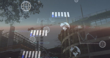 Image of globes and data processing on graphs and charts over city construction site. Global...