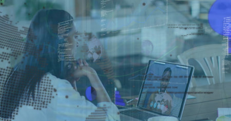 Image of data processing over businesswoman having laptop image call with colleague. Global business...