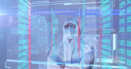 Image of data processing with virus cells over caucasian male doctor. Global medicine, science and digital interface concept digitally generated image.の写真素材