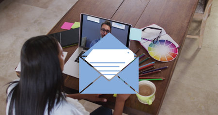 Image of email icon over caucasian woman on laptop image call. Global social media, business,...