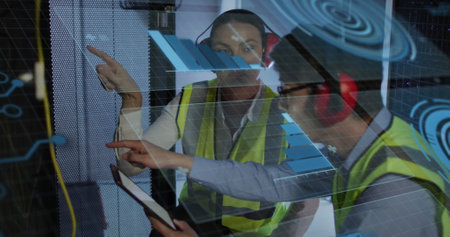 Image of data processing over diverse workers in server room. Global business and digital interface...