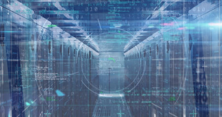 Image of data processing and scope scanning over binary coding against computer server room....