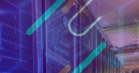 Image of tunnel and shapes over server room. Global technology, computing and digital interface...