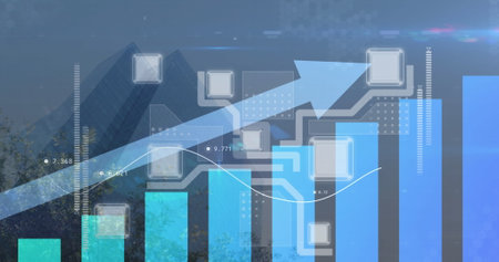 Image of statistical data processing over tall buildings against blue sky. Global networking and business technology conceptの写真素材