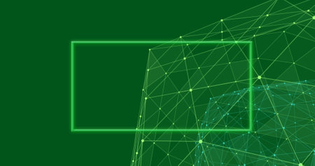 Floating neon green rectangular frame hovering in virtual green field, with network lines and nodes. Digital, technology, futuristic, network, abstract, neon, cyberの写真素材