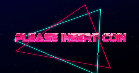 Image of please insert coin text over spots. Retro future and digital interface concept digitally...
