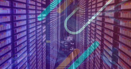 Image of neon glowing tunnel in seamless pattern against computer server room. Global networking and business data storage technology conceptの写真素材