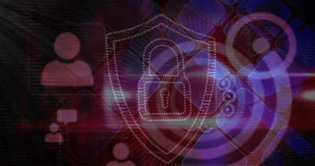 Image of padlock icon over icons and glowing squares on black background. Global technology, online...