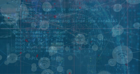 Image of network of communication icons and data processing on blue background. Global communication, business, data security and digital interface concept digitally generated image.の写真素材