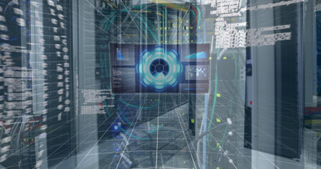 Image of data processing over server room. Global technology, computing and digital interface...