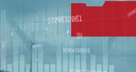 Image of statistical data processing over spinning windmill against blue sky. Renewable energy and business data technology conceptの写真素材