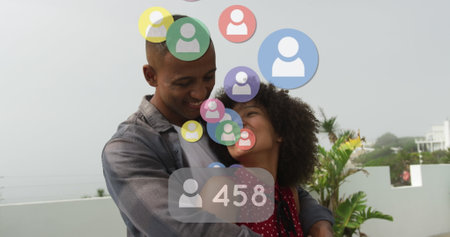 Image of profile icons with increasing numbers over african american couple hugging each other....